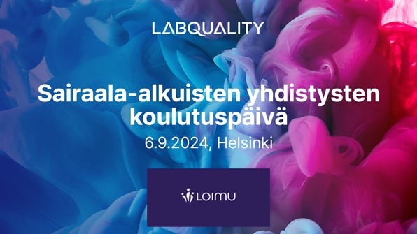 Taustalla kuva sinisestä ja pinkistä savusta, jonka päällä valkoinen Labquality-logo, teksti 