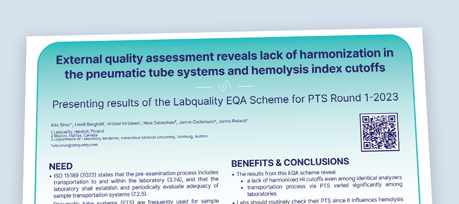 External quality assessment reveals lack of harmonization in the pneumatic tube systems and hemolysis index cutoffs